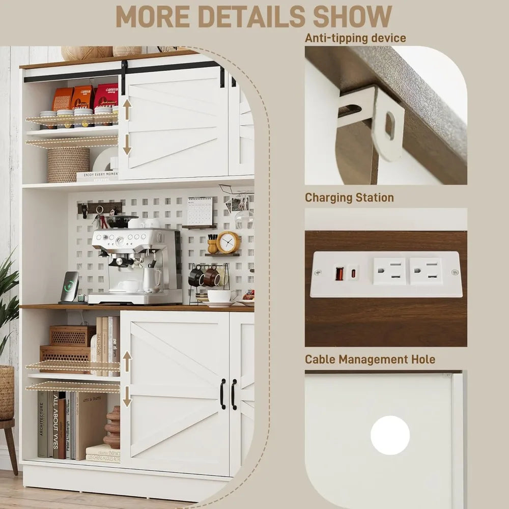 75” Kitchen Pantry Storage Cabinet, Farmhouse Kitchen Hutch Cabinet with Power Outlet,with Microwave Shelf & Wine Rack