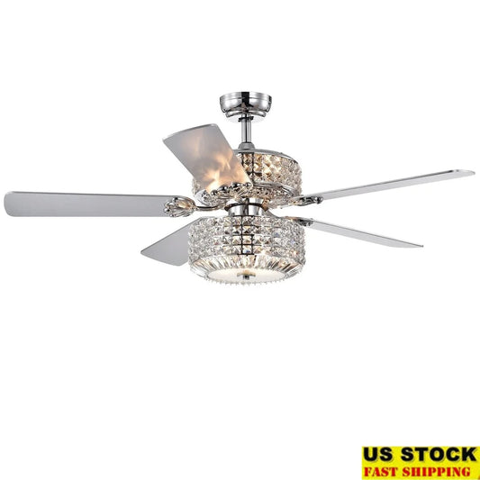 Elegant Chrome Lighted Ceiling Fan 52 Inch with Crystal Shades Remote Control Three Speed Motor Reversible Blades Six Lights