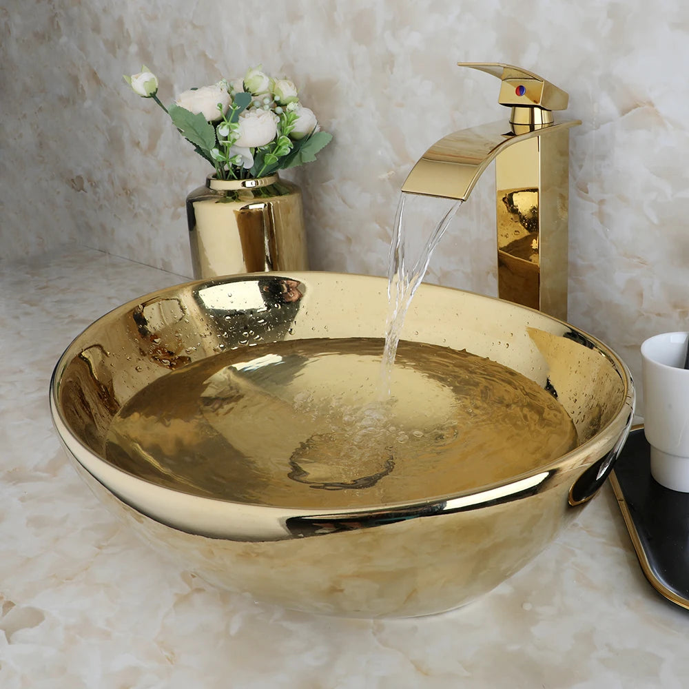 JIENI Gold Ceramic Vessel Sink Set Modern Bowl Washbasin Golden Faucet & Pop Up Drain Combo Basin Tap kit For Luxury Bathrooms