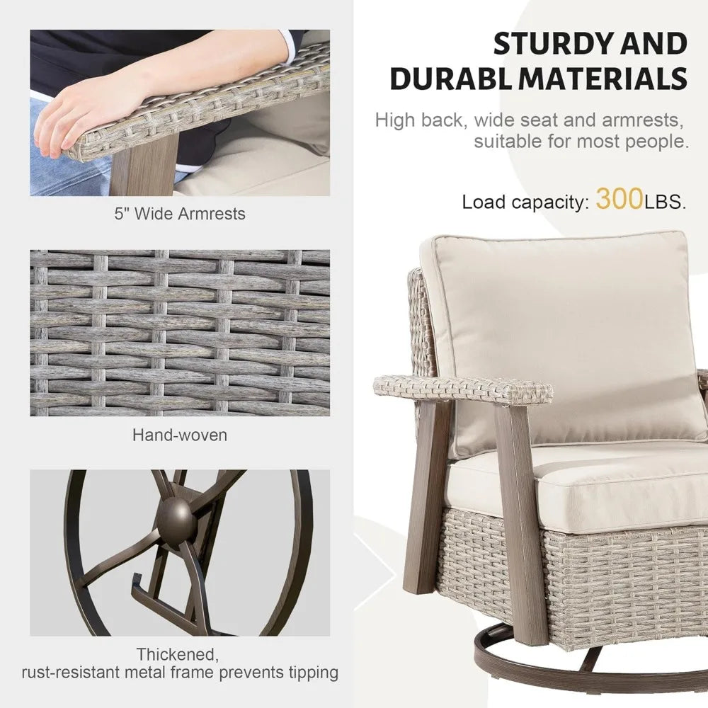 3 Pieces Patio Furniture Set, 2 Seats High Back Rattan Glider Swivel Chairs and Side Table, Outdoor High Back Wicker Furniture