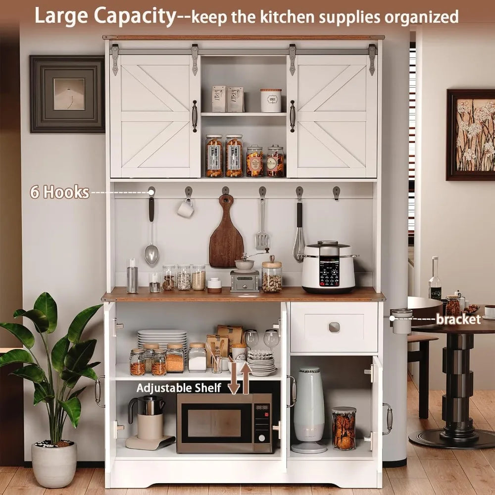 71" Kitchen Pantry Cabinet, Modern Kitchen Hutch Food Pantry with Charging Station and Microwave Stand, Pantry Storage Cabinets