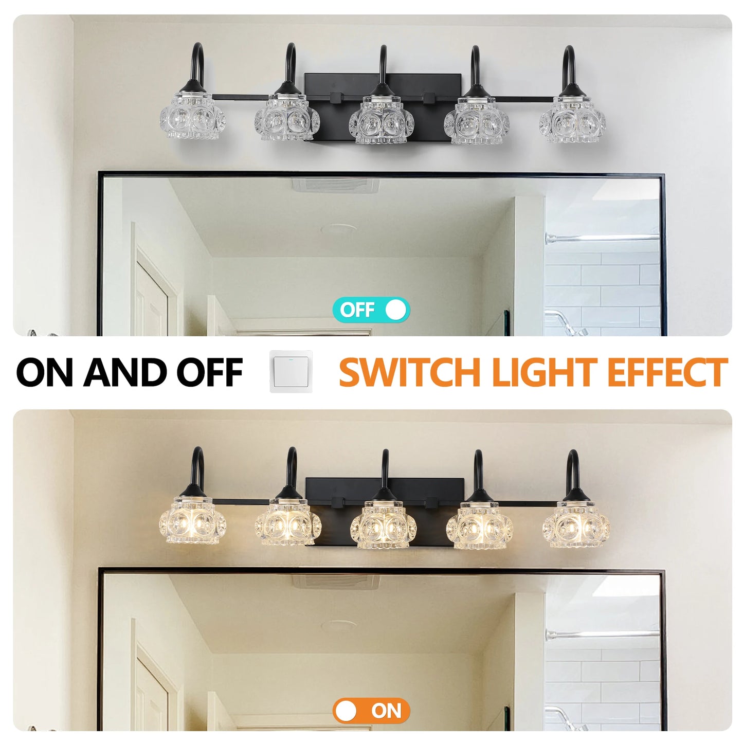 29" Retro 5-Light Bathroom Vanity Light Fixture - Black Finish with Crystal Glass Shades, Wall Mounted Lighting