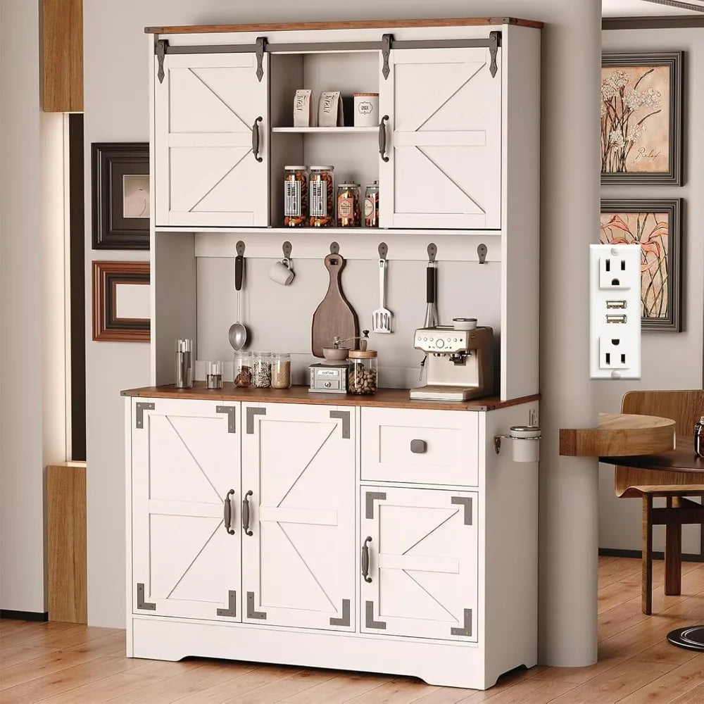 71" Kitchen Pantry Cabinet, Modern Kitchen Hutch Food Pantry with Charging Station and Microwave Stand, Pantry Storage Cabinets