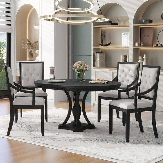 Dining Table Set for 4, Farmhouse Kitchen Table Set with 1 Extendable Round Table and 4 Upholstered Dining Chairs, Wooden