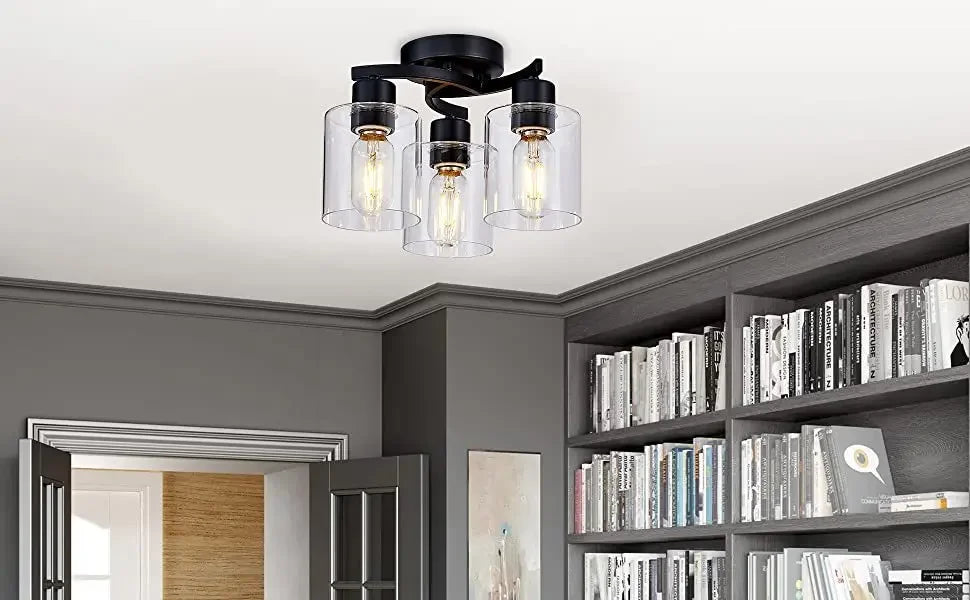 Black Ceiling Light Fixture 3 Light Flush Mount Ceilinglight, Industrial Ceiling Lamp with Clear Glass Shades (3-Light)