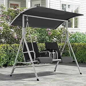 2 Seat Outdoor Porch Swing,Patio Swing with Adjustable Canopy,Heavy Duty 650 LBS Outdoor Swing with Pivot Storage Table & 2 Cup
