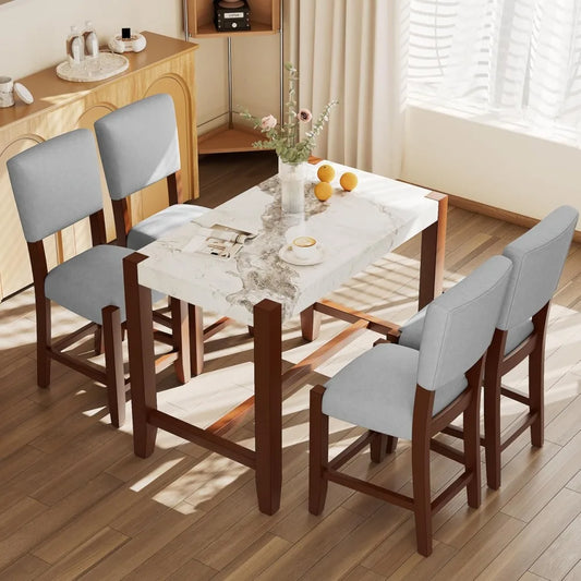 5-Piece Counter Height Dining Set with 1 Faux Marble Top Bar Table and 4 Upholstered Chairs, Mid-Century Modern Kitchen Table S