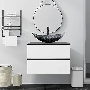 30-Inch Black and White Wall Mounted Bathroom Vanity Cabinet with 2 Drawers and Silver Boat Glass Sink