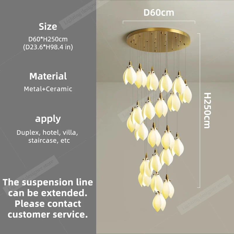 Modern Luxury Chandelier Staircase Duplex Loft Chandelier Lighting Villa Stair Pendant Light Minimalist Ceramic Hanging Lamp