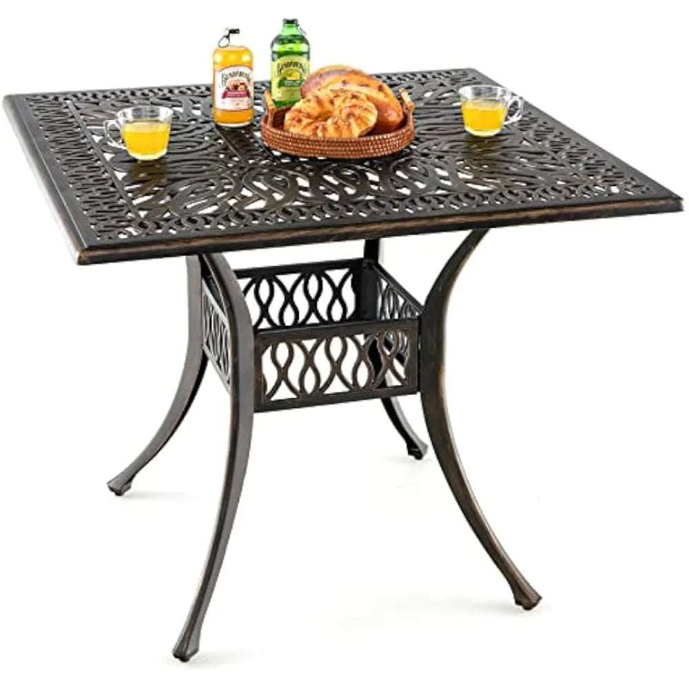 35.4 inches outdoor dining table, all-weather cast aluminum table with 2.2” umbrella hole, 4 person square dining table for gar
