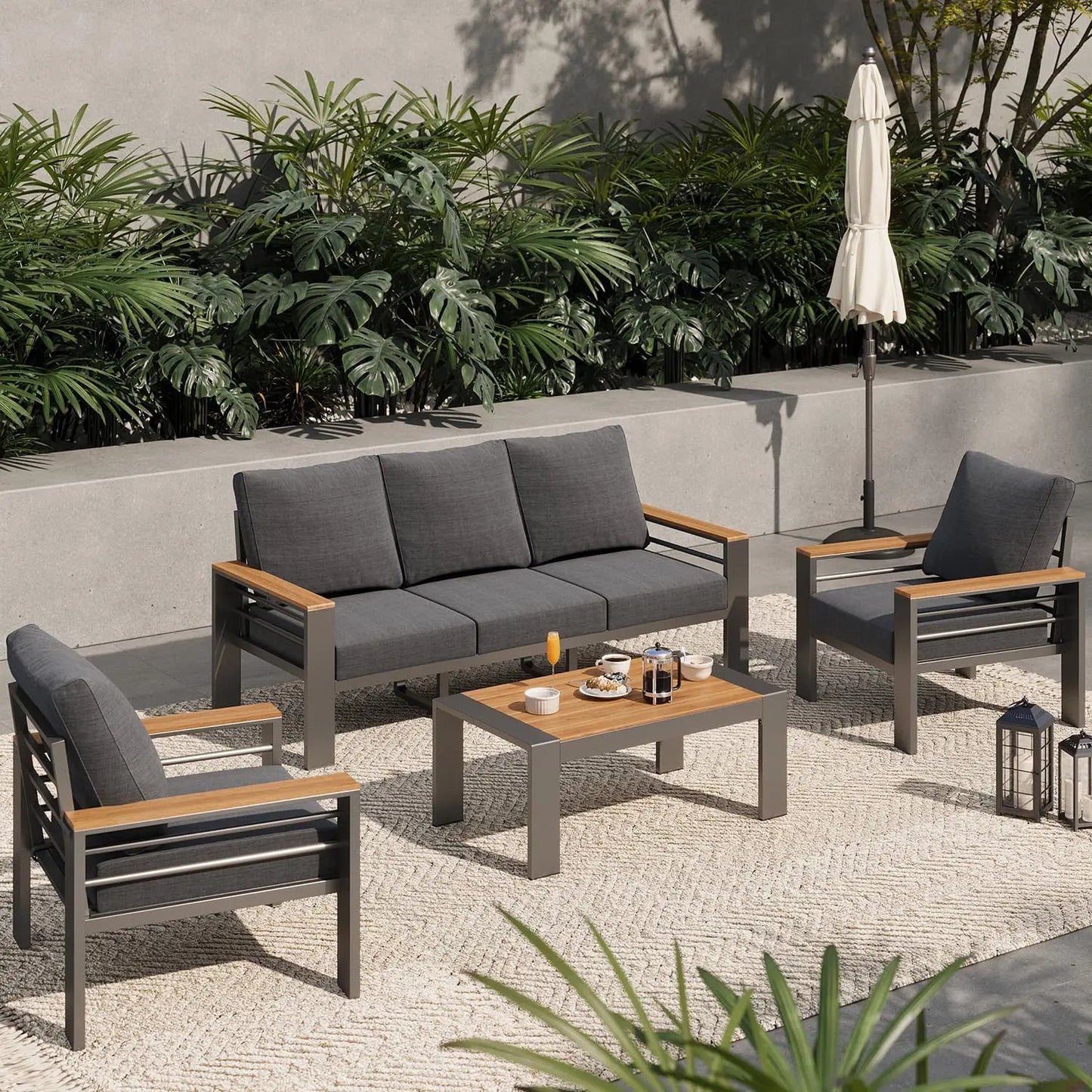 Aluminum Outdoor Patio Furniture Set, 5 Seats Outdoor Sectional with Coffee Table, Patio Conversation Sets with Upgraded Armres