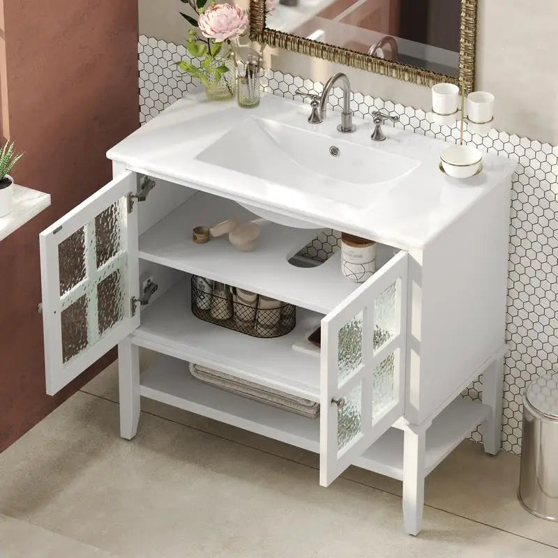 36" Bathroom Vanity with Ceramic Sink and Adjustable Open Shelf, Solid Wood Legs, Waterproof Finish, Silver Knobs, Soft Close