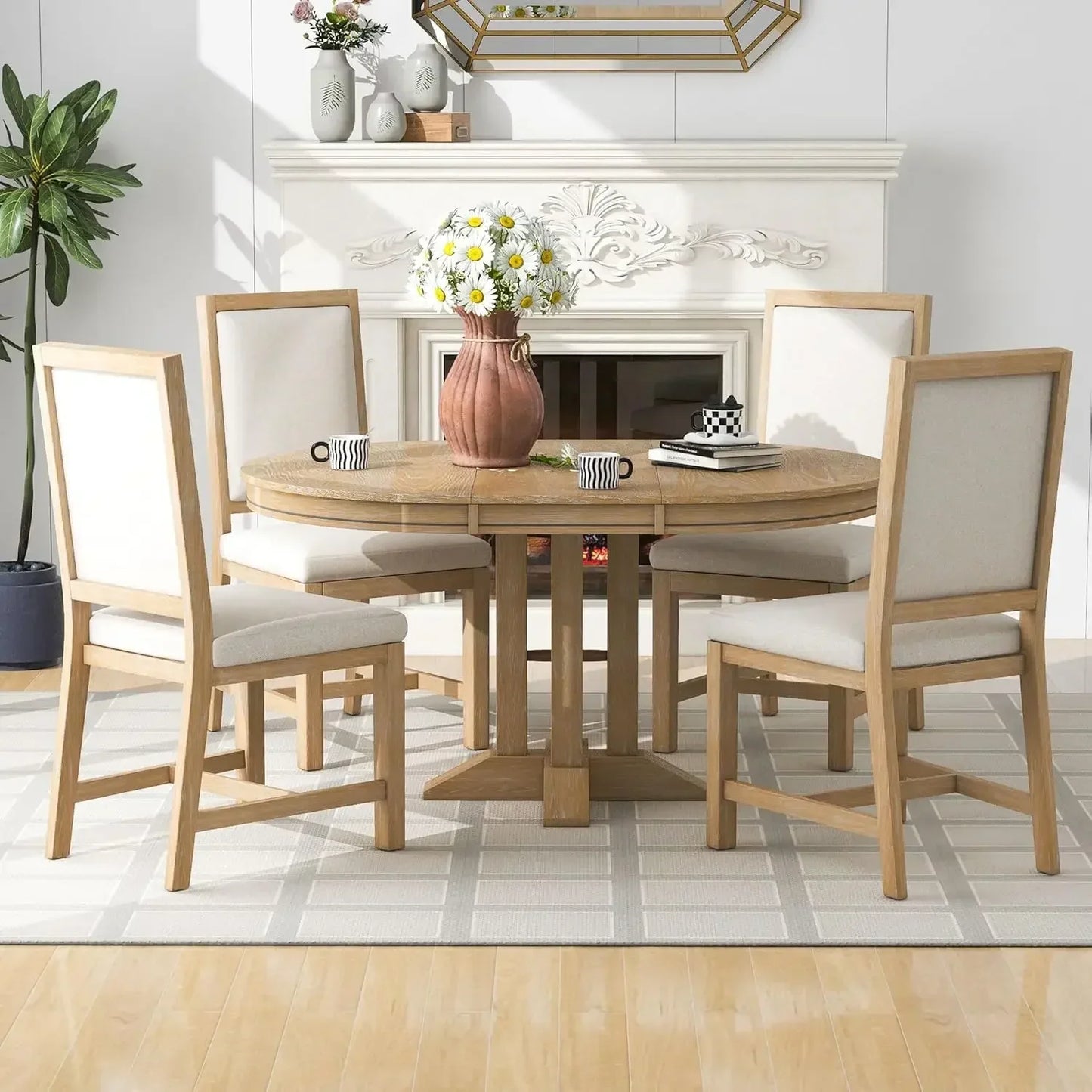 5-Piece Farmhouse Round Dining Table Set with Extendable Round Table and 4 Upholstered Chairs, Compact Table Set for Kitchen