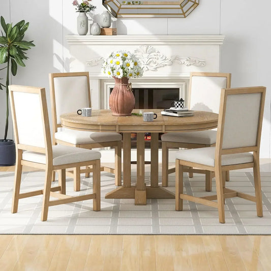 5-Piece Farmhouse Round Dining Table Set with Extendable Round Table and 4 Upholstered Chairs, Compact Table Set for Kitchen