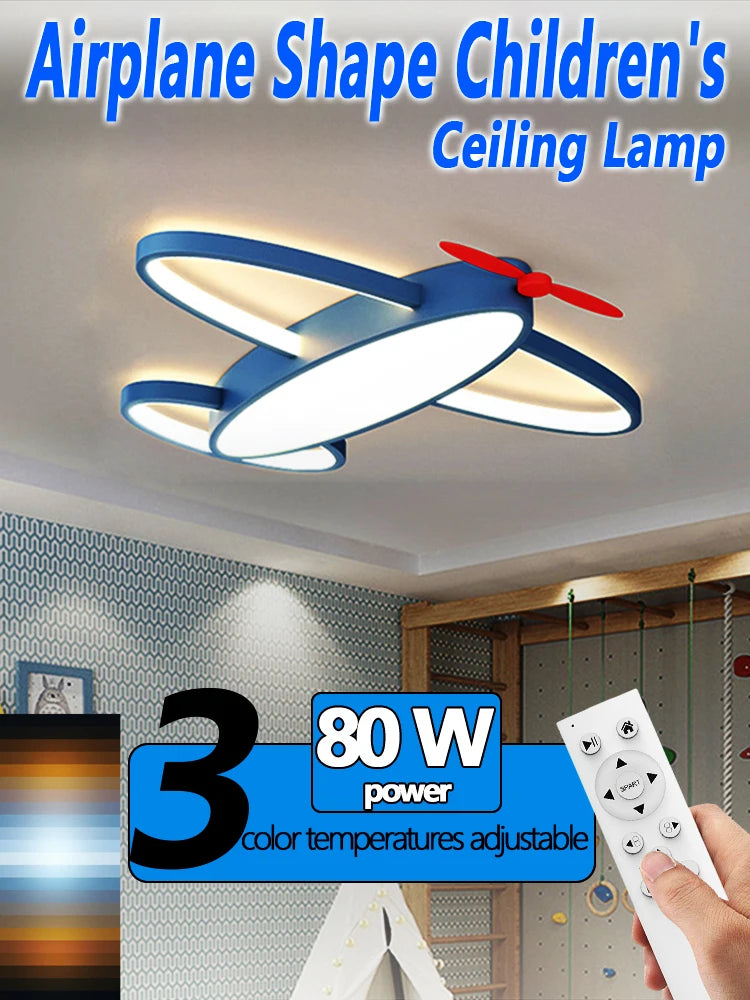 Kids' Room Aircraft Ceiling Light, Creative Cartoon Smart Remote-Controlled Eye-Caring Lamp for Boys' Bedroom