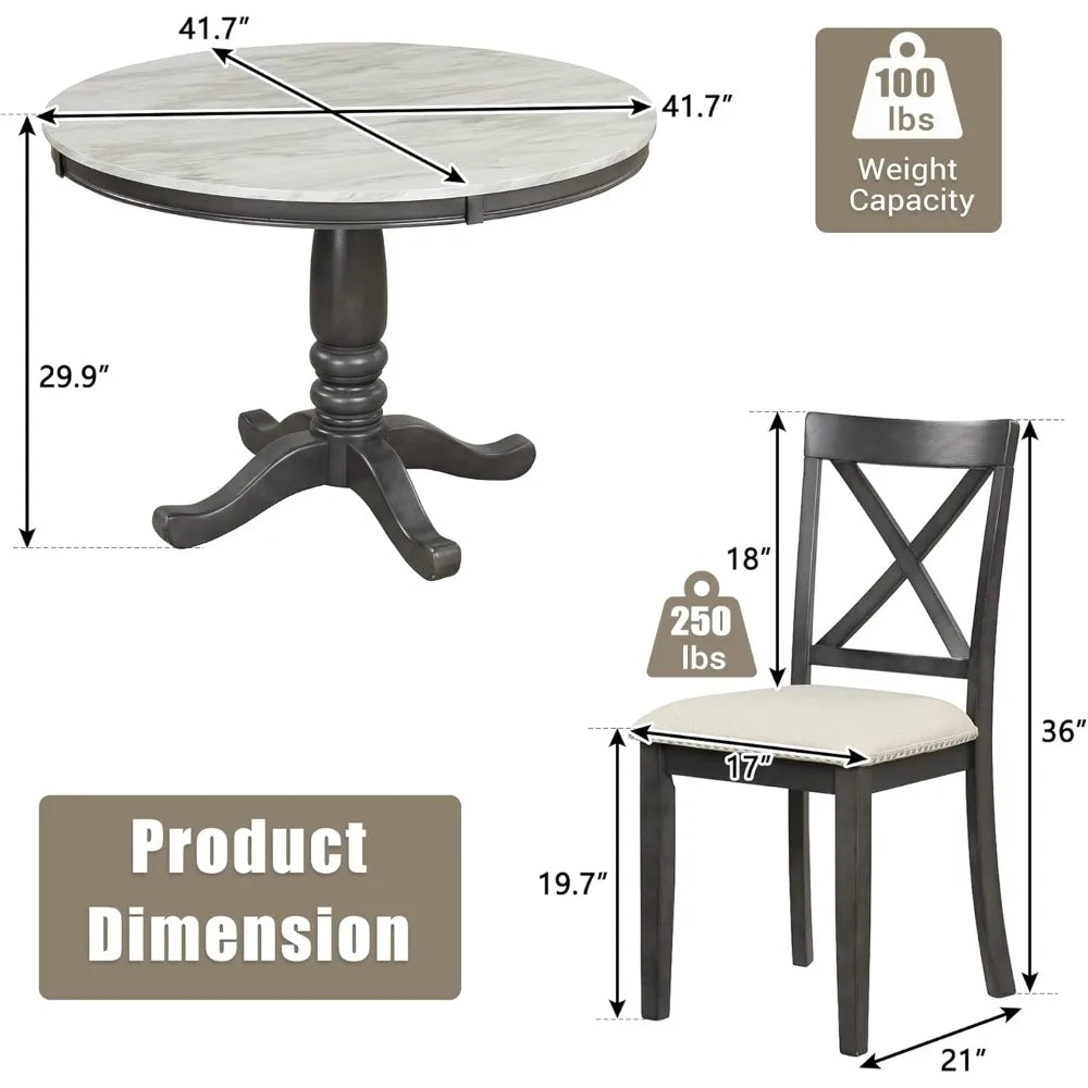 5 Pieces Dining Table and Chairs Set for 4 Persons, Farmhouse Rustic Modern Kitchen Room Solid Wood Pedestal Table with 4 Cross