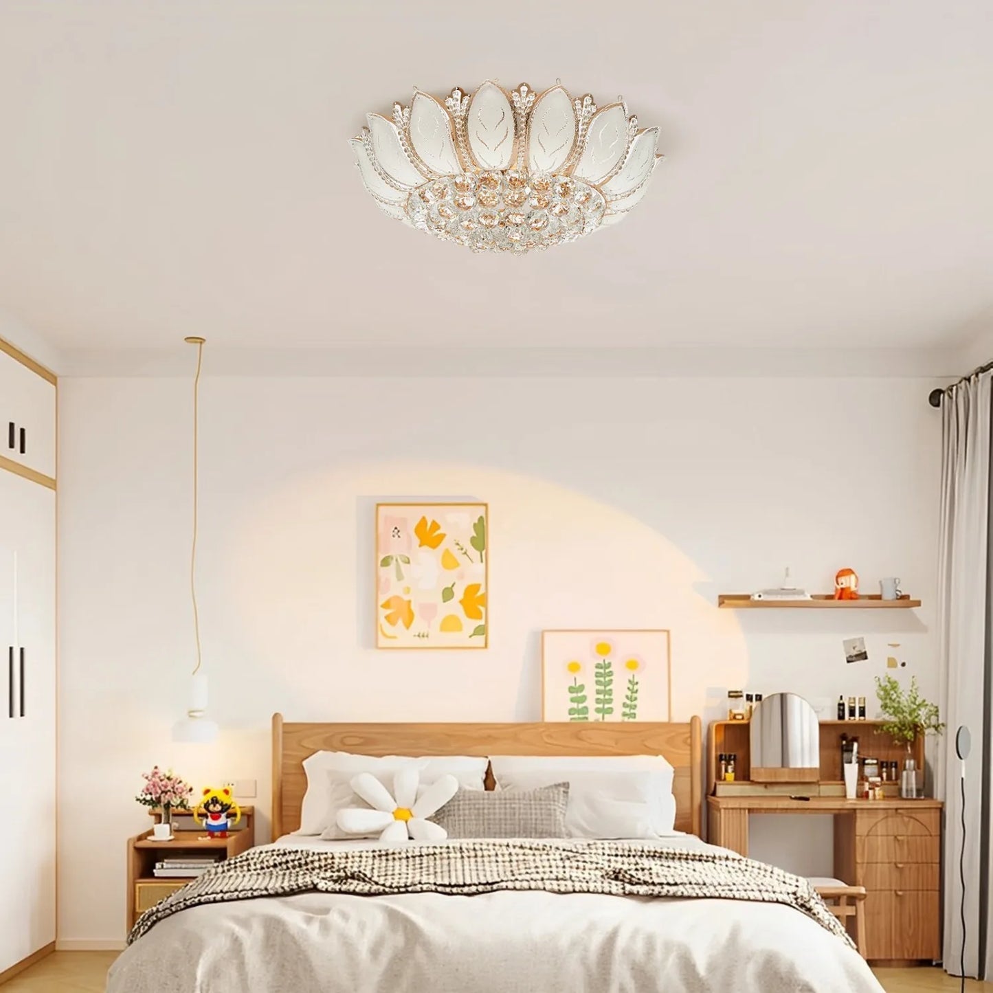 Luxury Crystal Chandelier 23.5" Gold Lotus Shape Flush Mount LED Ceiling Lamp Pendant Lighting Fixture for Living Room Bedroom