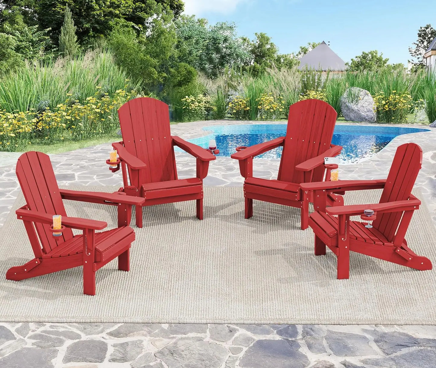 Adirondack Chair with Cup Holders - Composite Adirondack Chairs Set of 8 HDPE Outdoor Chairs All Weather Use- Light Red