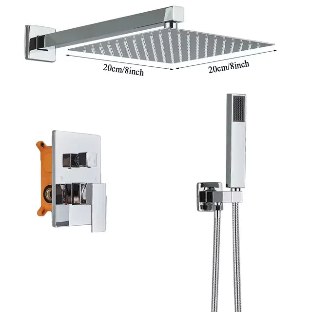 Chrome Rainfall Shower Faucet Set Bathroom Stainless Steel Wall Mounted Concealed 16 Inch Shower System Hot Cold Water Mixer Tap