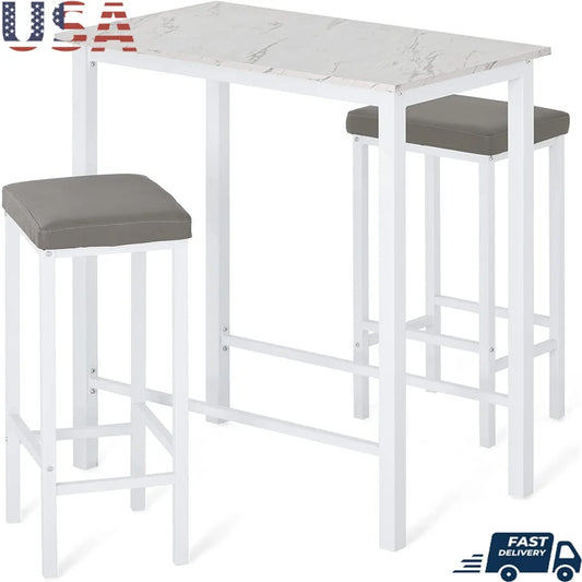 Counter Height Dining Table Set with 2 Cushioned Stools Modern Space Saving Design Faux Marble Top Indoor Use