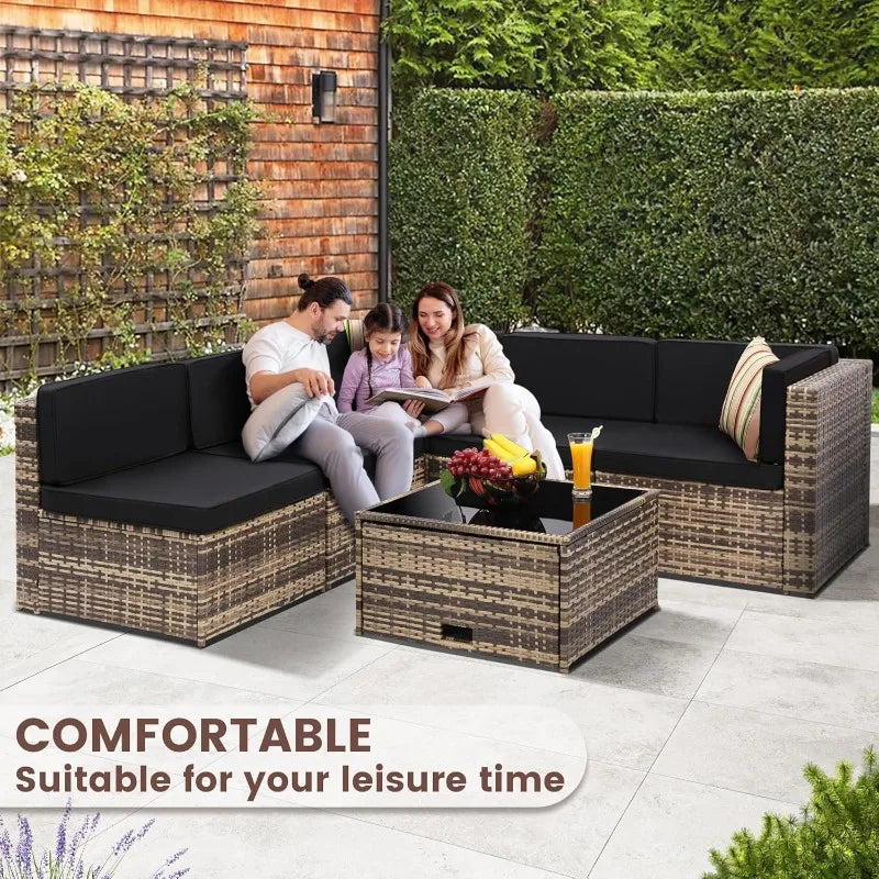 8 Piece Outdoor Wicker Patio Furniture Sectional Set, Glass Top Table With Hidden Storage, Includes 7 Seating Components