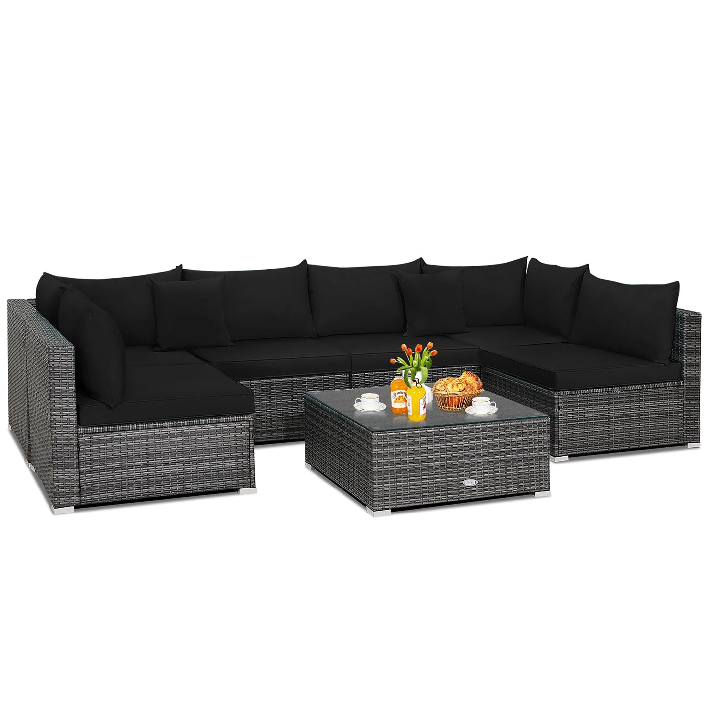 7PCS Patio Rattan Furniture Set Sectional Sofa Cushioned Garden Black