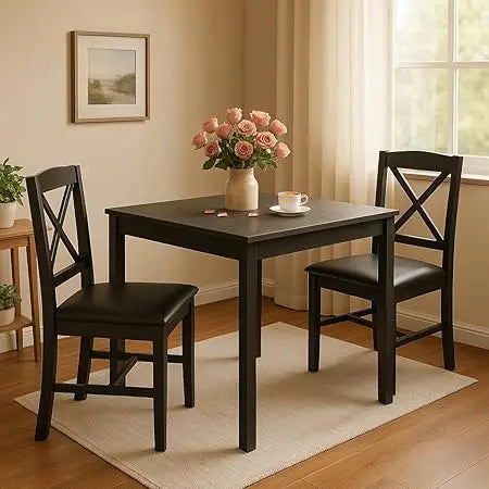 Mid-Century Modern Dining Table Set for 2, Wooden Kitchen Table & 2 Chairs with Padded Seats, 3-Piece Compact Dining Set for Sm