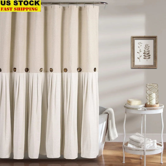 Linen Button Color Block Shower Curtain 72x72 Faux Linen Fabric Pleated Design Machine Washable Bathroom Decor