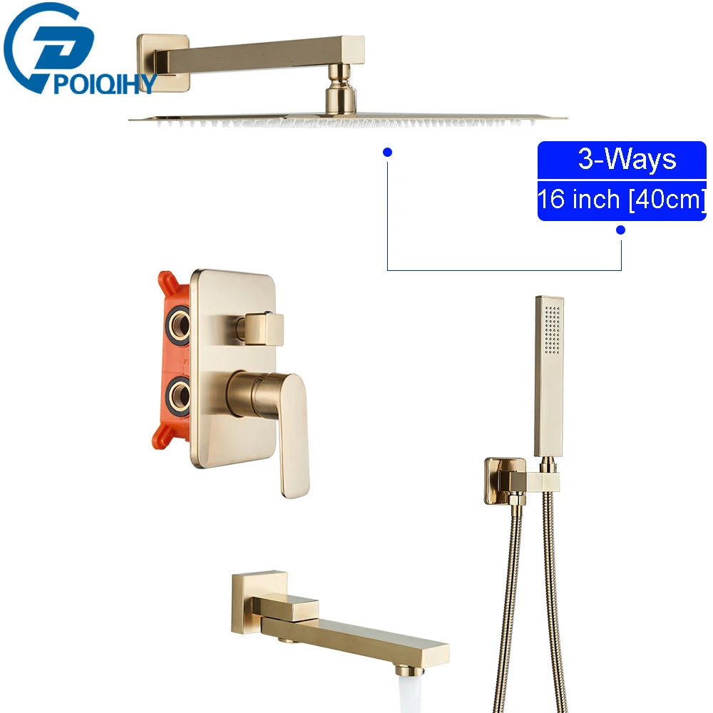 POIQIHY Brushed Golden Shower Faucets Wall Mount Concealed Shower Set Rainfall Bath Shower Mixers 2-3 ways Bathroom Mixer Tap
