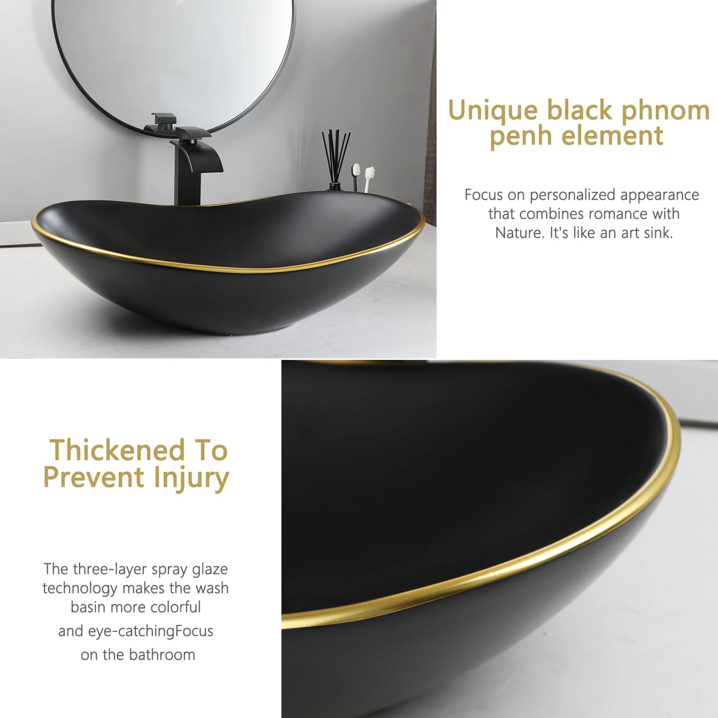 ZAPPO Matte Black Bathroom Sink Oval Large Porcelain Vessel Sink with Faucet Drain Combo Above Counter Wash Basin Sink bowl
