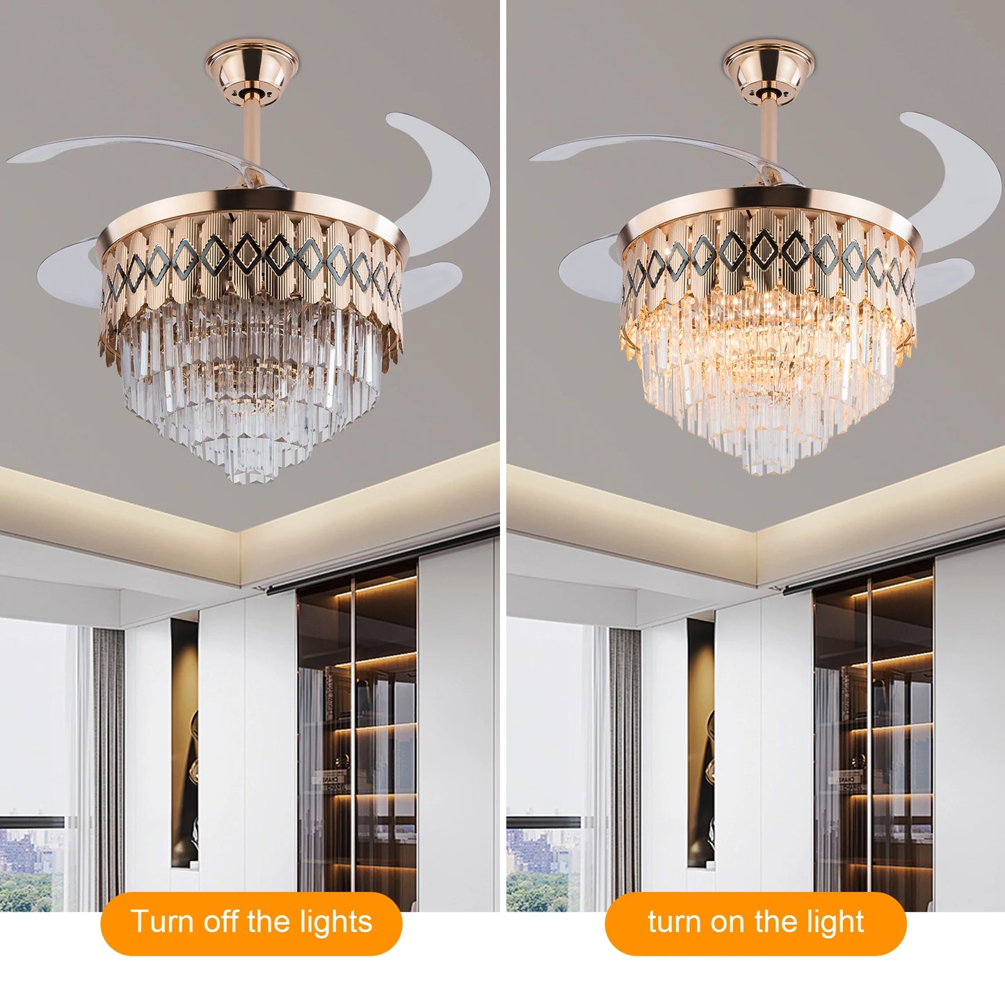 42 Inch Modern Ceiling Fan Light with Remote Retractable Blades 3-Color LED & Copper Finish 6-Speed Quiet Motor for Bedroom