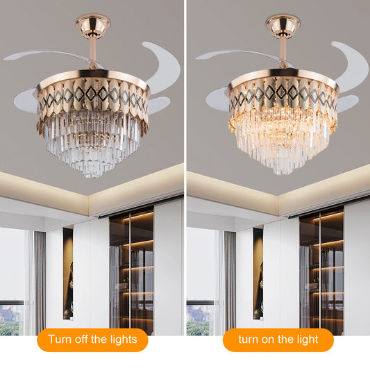 42 Inch Modern Ceiling Fan Light with Remote Retractable Blades 3-Color LED & Copper Finish 6-Speed Quiet Motor for Bedroom