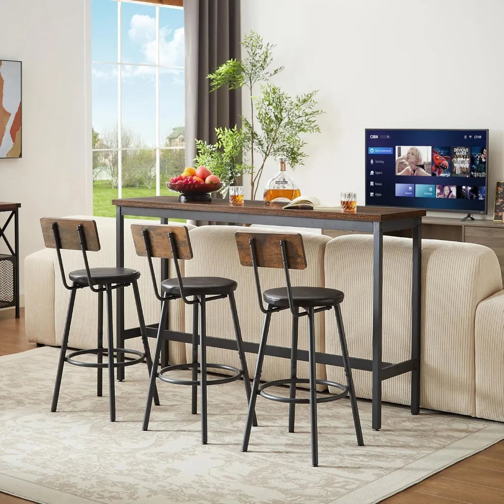 63" L Bar Table and Chairs Set for 3, 4 Piece Long Rectangle Pub Bistro Table with 3 PU Upholstered Bar Stools, Counter Height D