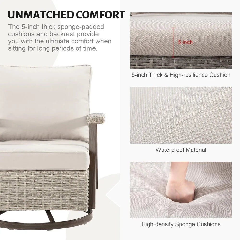 3 Pieces Patio Furniture Set, 2 Seats High Back Rattan Glider Swivel Chairs and Side Table, Outdoor High Back Wicker Furniture