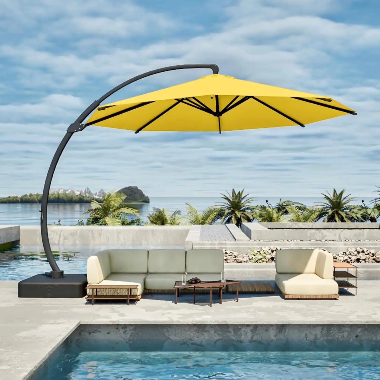 11FT Cantilever Umbrella with Base Large Curvy Outdoor Aluminum Offset Umbrella w/ 360° Rotation, UV Resistant Canopy for Patio