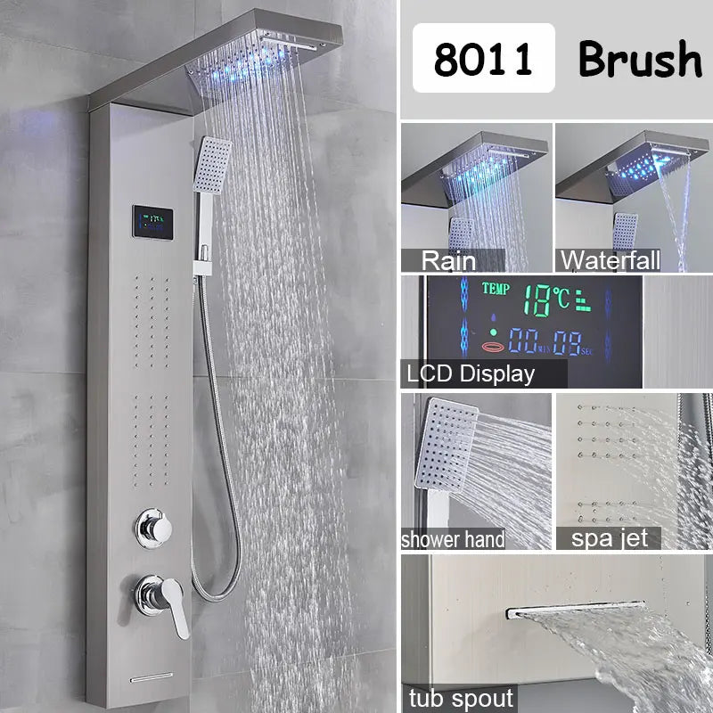 Black LED Light Shower Panel Waterfall&Rainfall Faucet Set Systems Bathroom Mixer Taps Tower with Spa Shower Columns Massage Jet