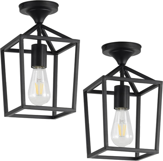 Black Industrial Ceiling Light - Farmhouse Metal Semi-Flush Fixture for Kitchen, Dining Room & Hallway (2-Pack)