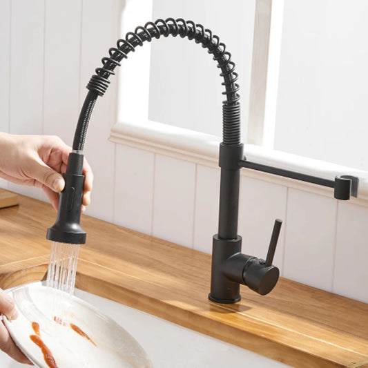 Black Kitchen Faucet 360 Degree Rotation Hot And Cold Wash Basin Tap With Pull Down Sprayer Single Handle Single Lever