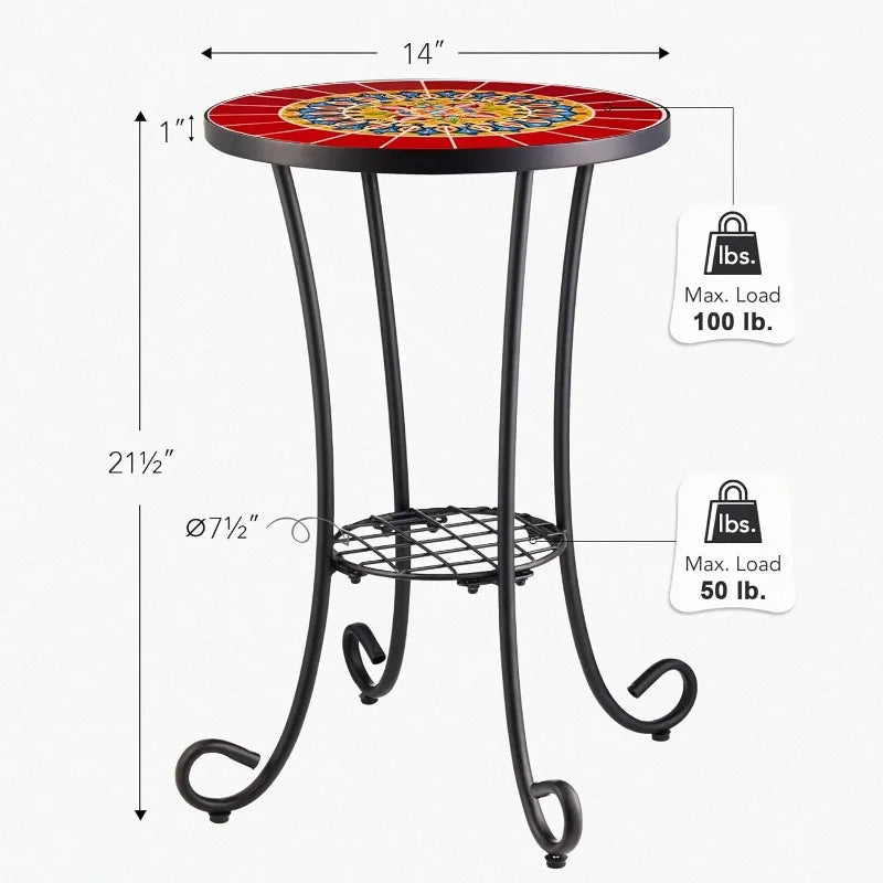 Patio Side Table and Plant Stand, 21" End Table with 14" Ceramic Tile Top for Porch Garden Decor, Indoor and Outdoor Mos