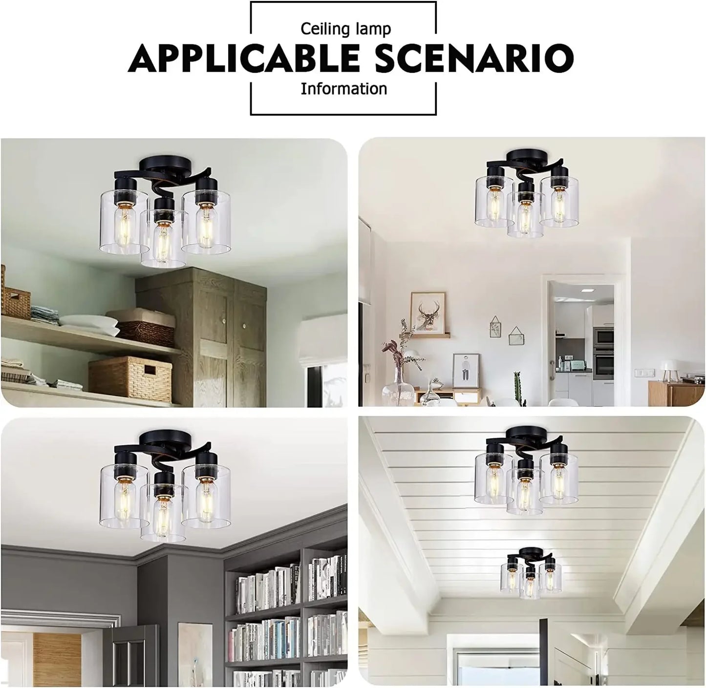 Black Ceiling Light Fixture 3 Light Flush Mount Ceilinglight, Industrial Ceiling Lamp with Clear Glass Shades (3-Light)