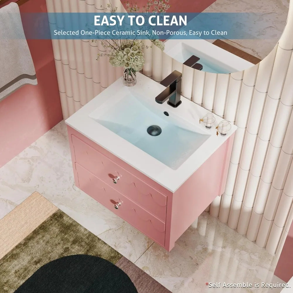 24" Floating Bathroom Vanity with Sink Combo, Modern Painted Wall-Mounted Vanities Storage Cabinet with Scalloped Decor, Underm