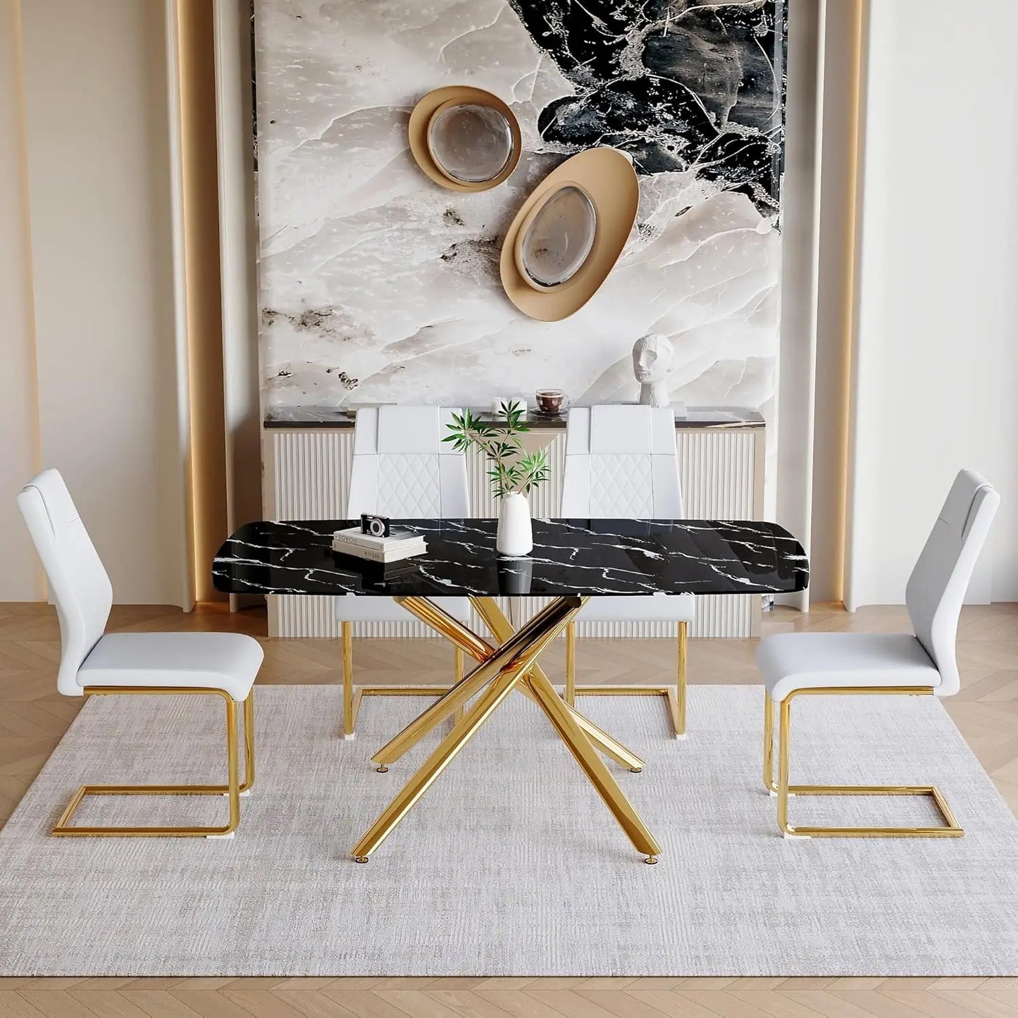 Modern Dining Table Set for 6, 63" Dinner Table Set for 6,Marble-Patterned Tempered Glass Kitchen Tabletop Silver Legs and 6 Bla