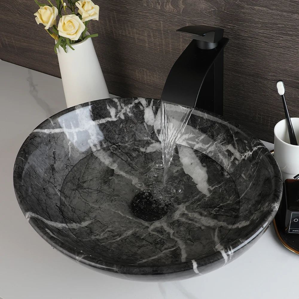 Torayvino Bathroom Basin Sink Faucet Combo Ceramic Lavatory Above Counter Art Basin Vanity Sink Matter Black Faucet Mixer