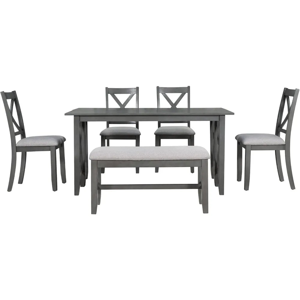 Extendable Dining Table Set with Bench and Chairs for 6 Persons Solid Wood 6 Piece Kitchen Dining Room Table Set for Saving