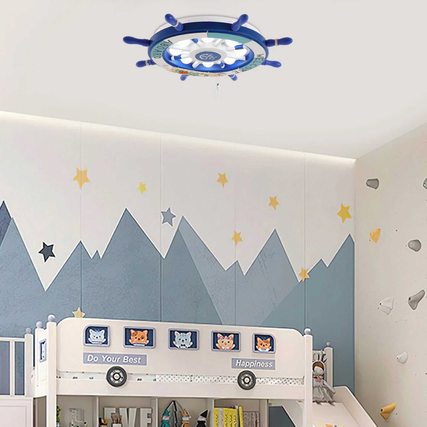 Modern Blue and White Wooden Ceiling Light, Bedroom Round LED Chandelier, 40W 6000K White Indoor Lighting Fixture for 10-12m²