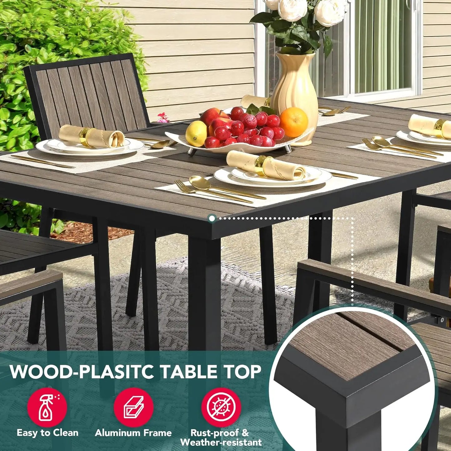 8-Piece Outdoor Dining Set, Patio Furniture Set with Walnut Plastic-Wood Table Top & 6 Stackable Chairs