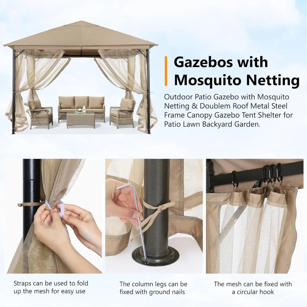 11x11FT Outdoor Patio Gazebo - Single Roof Canopy with Mosquito Netting, Sturdy steel frame, Rainproof and UV resistant Pergola