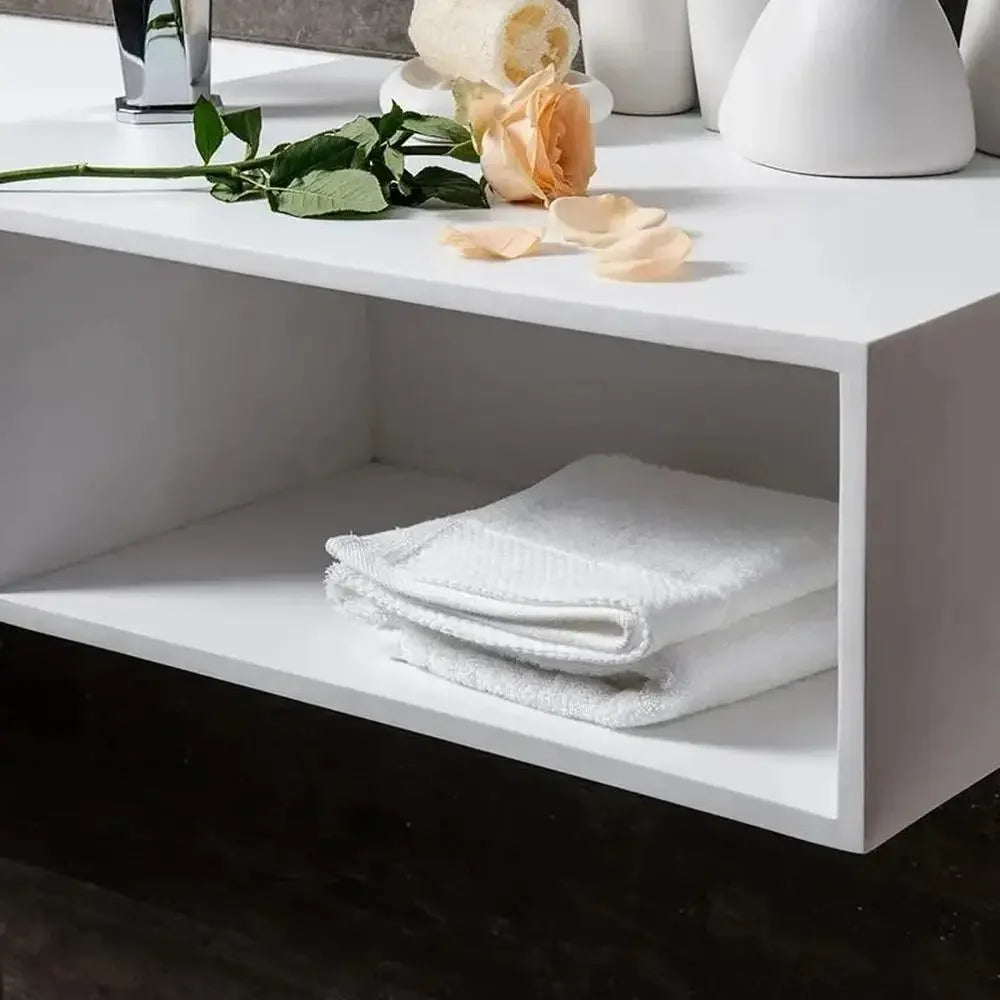 Modern Matte White Wall-Mount Bathroom Sink with Storage Cubby Durable Stone Resin Construction