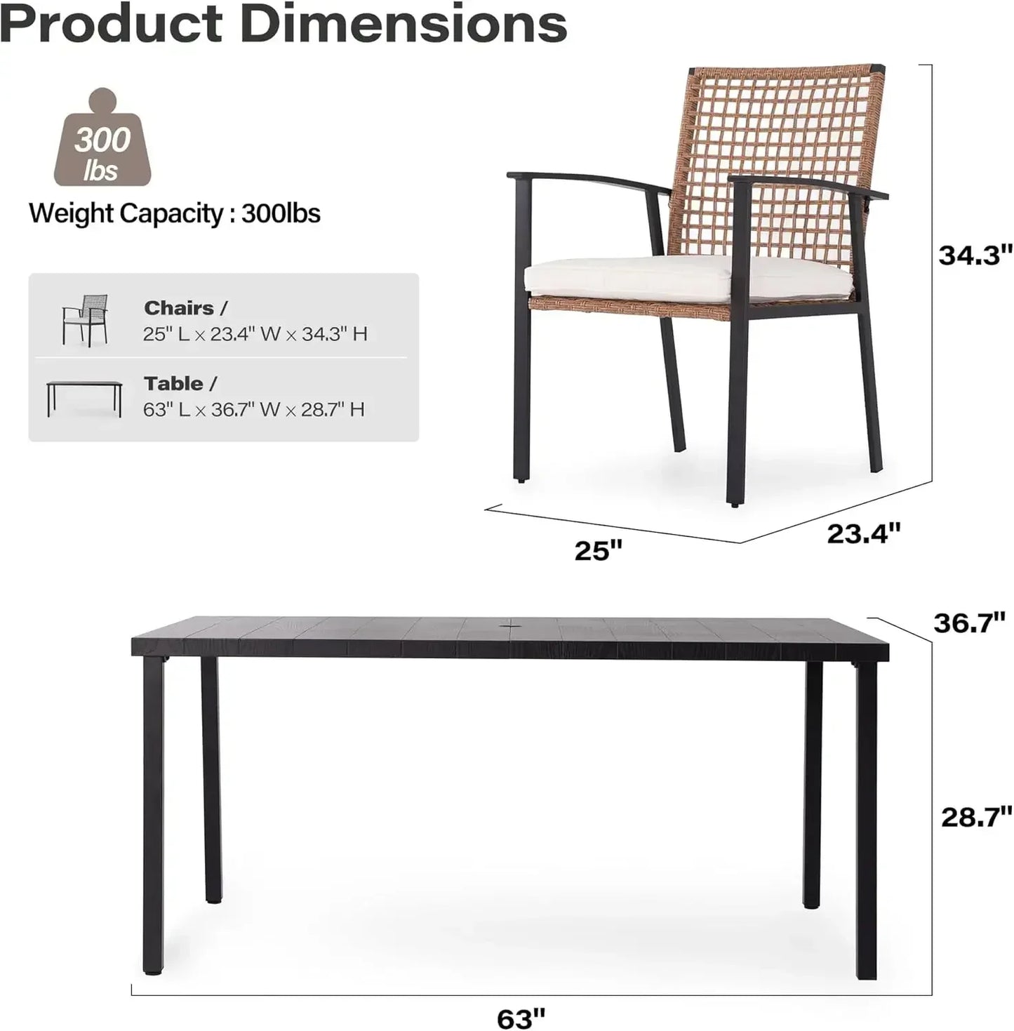 7 Pieces Patio Dining Set, Outdoor Furniture Set of 6 Chairs with Soft Cushion and Iron Slats Table Top with Umbrella Hole