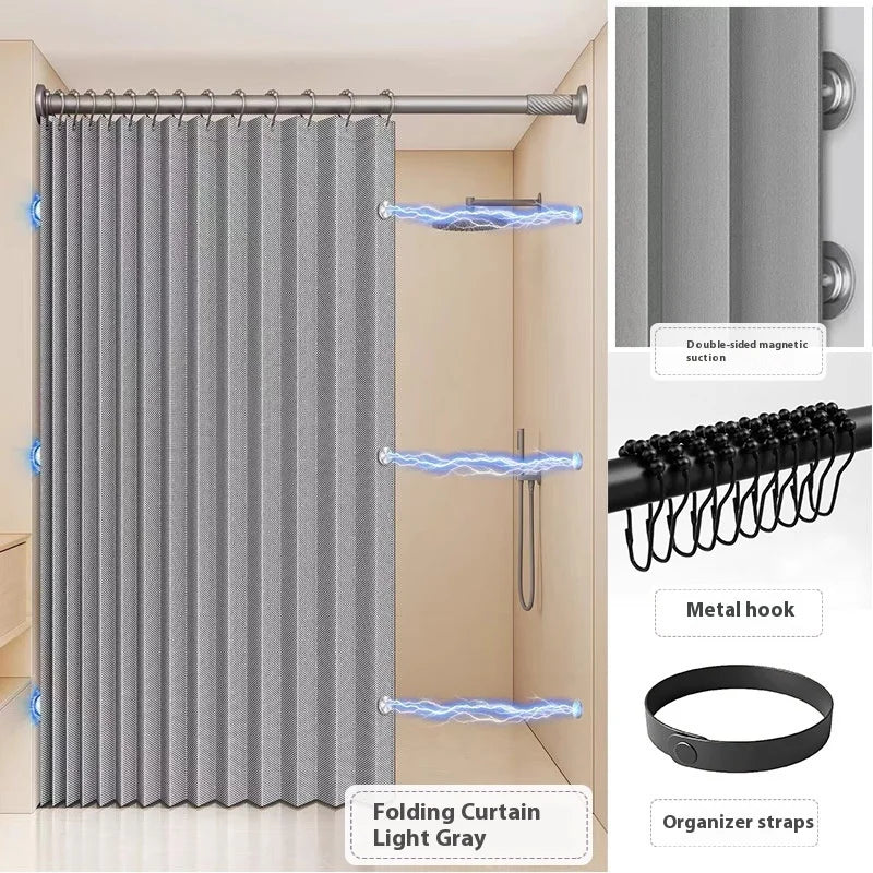 Bathroom Folding Linen Shower Curtain with Magnets Waterproof Suitable for Walk-in Shower Does Not Include Telescopic Rod